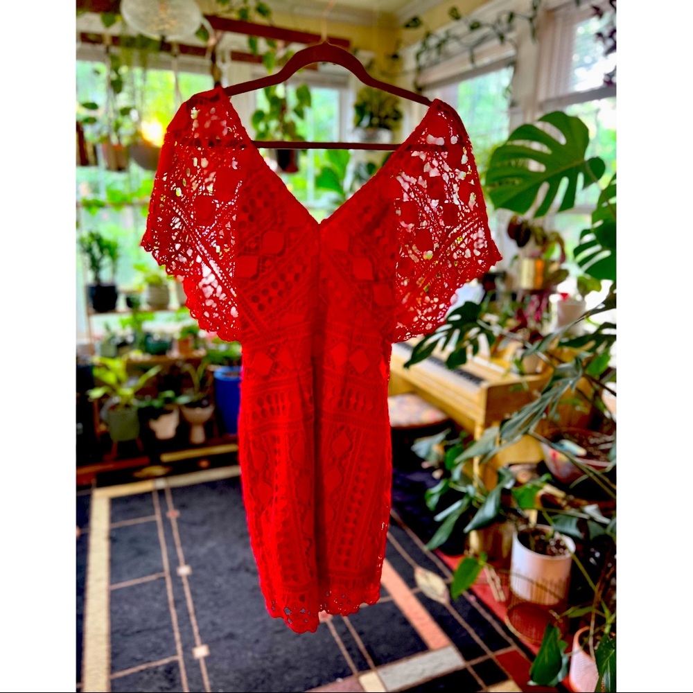 Lulu’s lace and satin cocktail dress in red, size small, worn once.